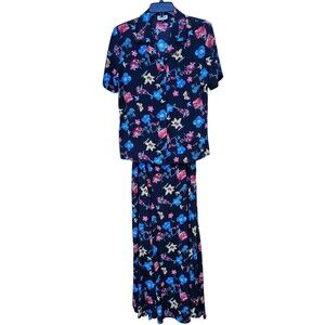 Vintage Kasper ASL Blouse 6 Skirt 10 Set Hawaiian Outfit Black Floral Shirt Top